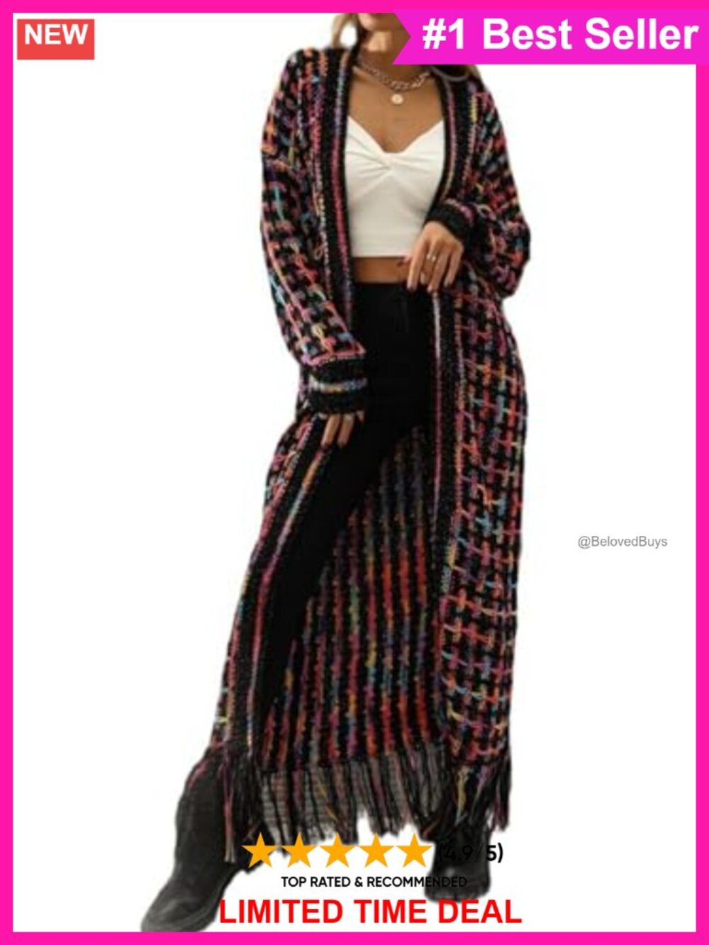 Boho Maxi Cardigan Sweater Fringe Aztec Open Front Long Sleeve Loose Fit